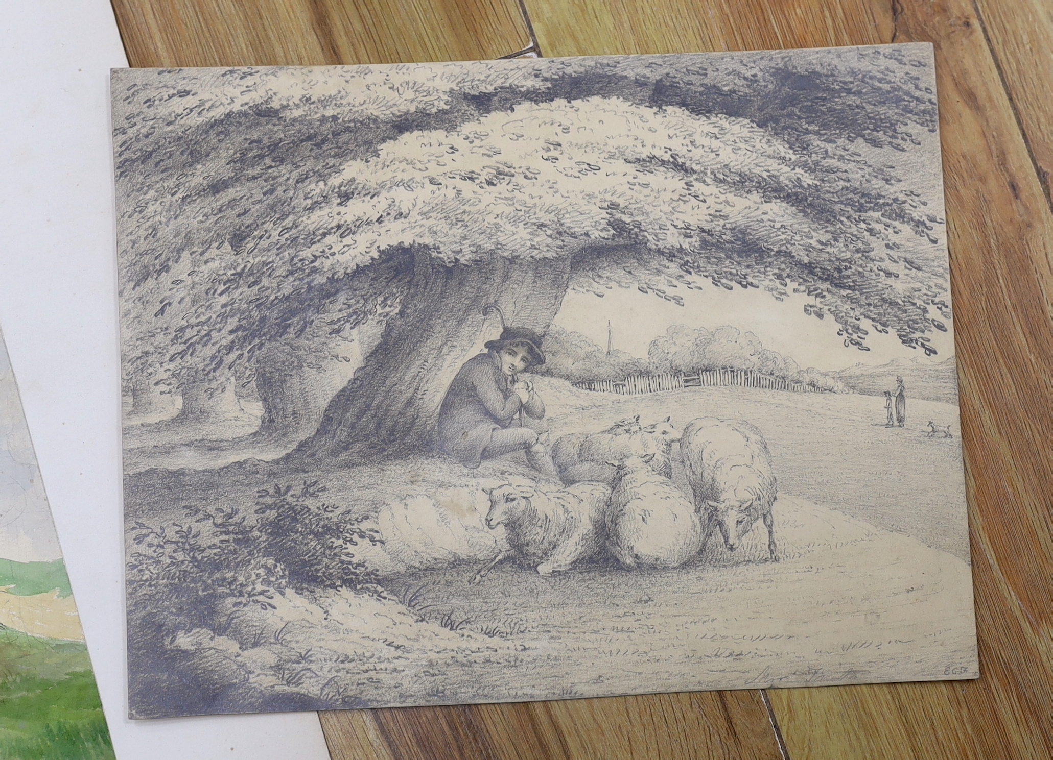 Early 19th century English School, pencil on card, Pastoral landscape with shepherd and sheep, initialled E C J, watercolour of woodland landscape and a medieval style print, unframed, largest 43 x 33cm